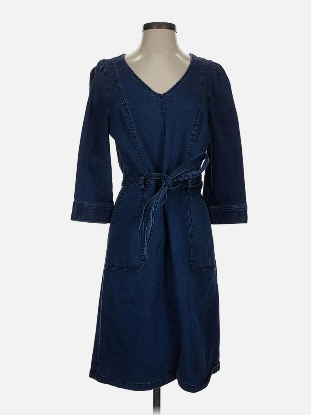 Liz Claiborne Sz 10 Blue Denim Dress 3/4 Sleeve Tie Belt Zip Closure Knee Length